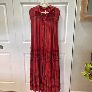 Free People Oversized Flowy Embroidered Maxi Dress – Red, XS (Fits Up to M)